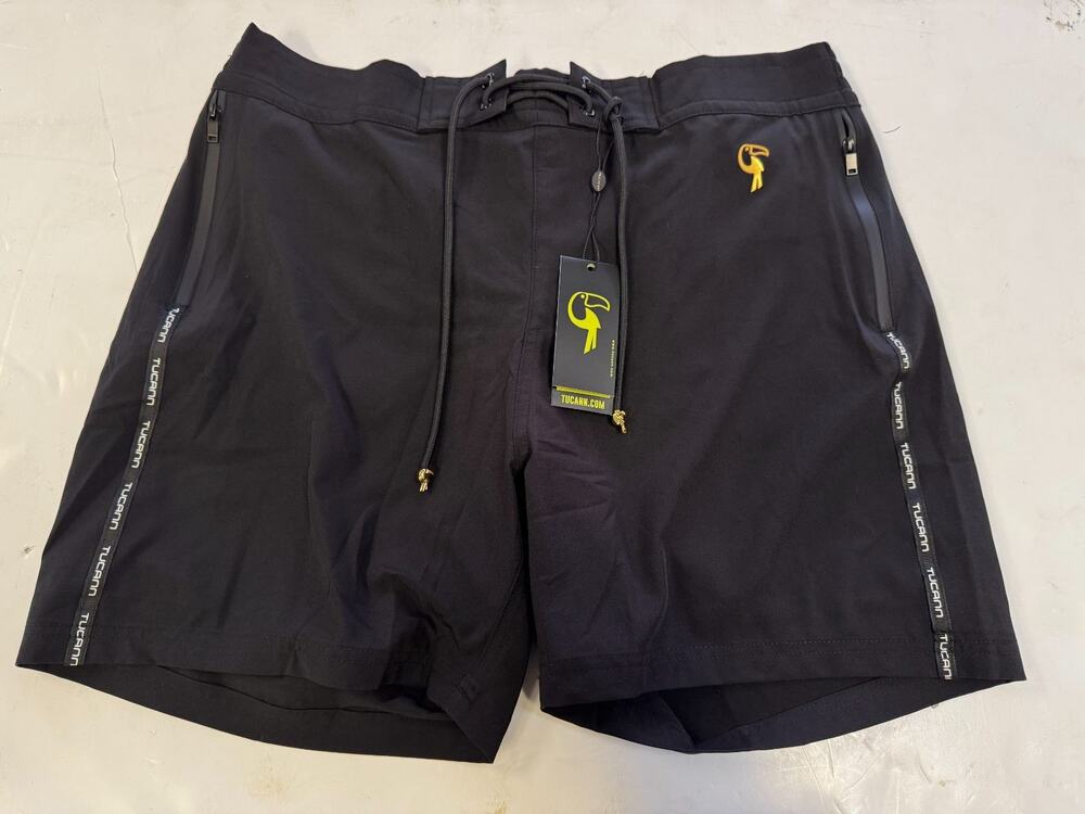 Tucann Premium Swim Shorts Mens XL Black Lined Quick Dry Zip Pocket Trunks NWT